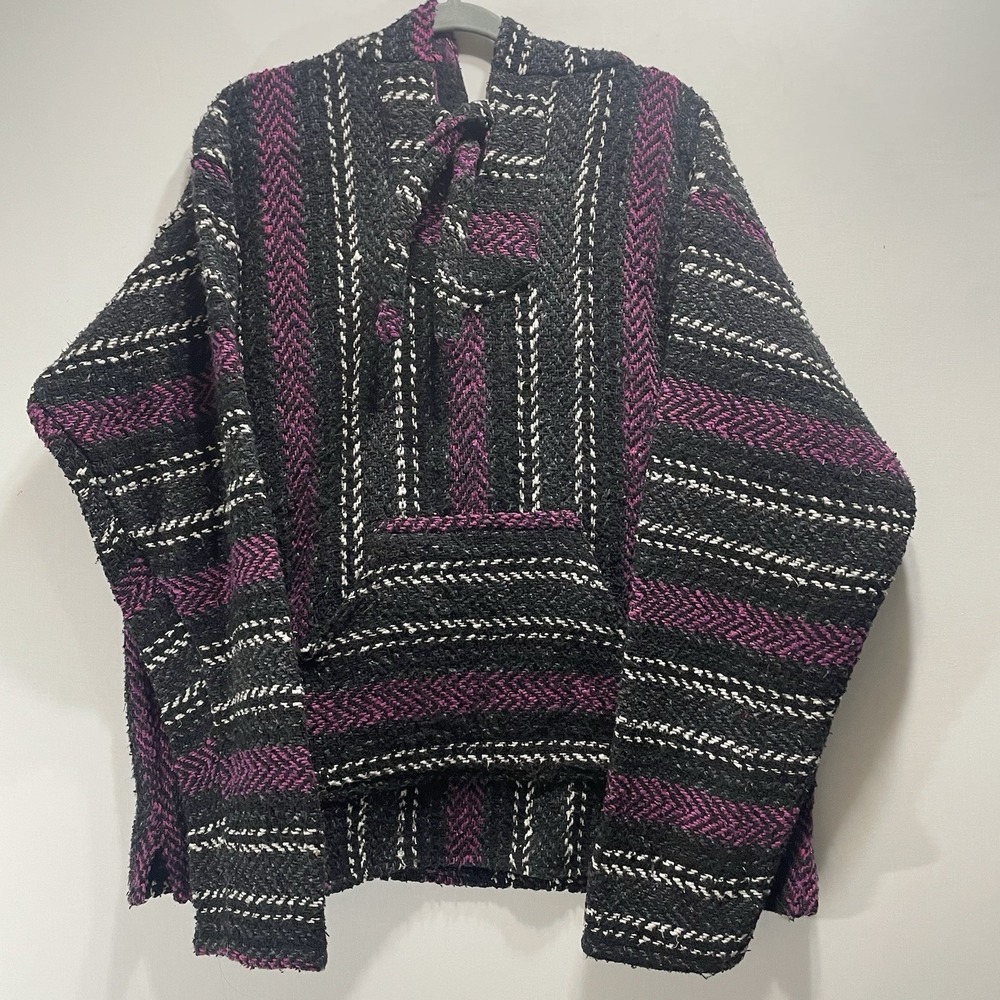 Baja Hoodie Black Pink Mexican Blanket Drug Rug Pullover XL Oversized
